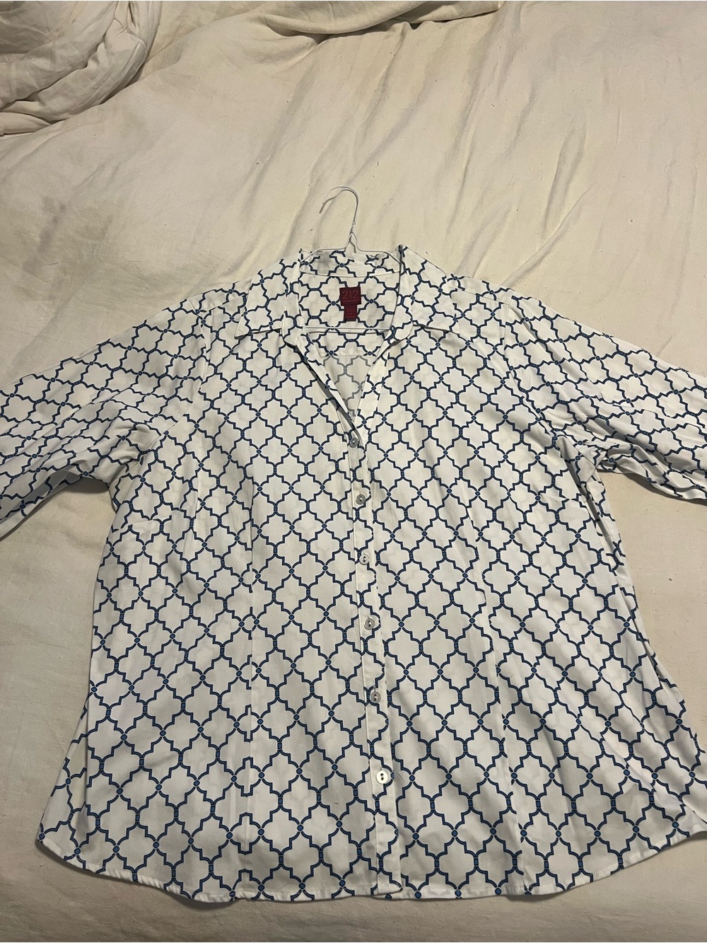 212 Collection White Button-Down Shirt with Blue Trellis Print